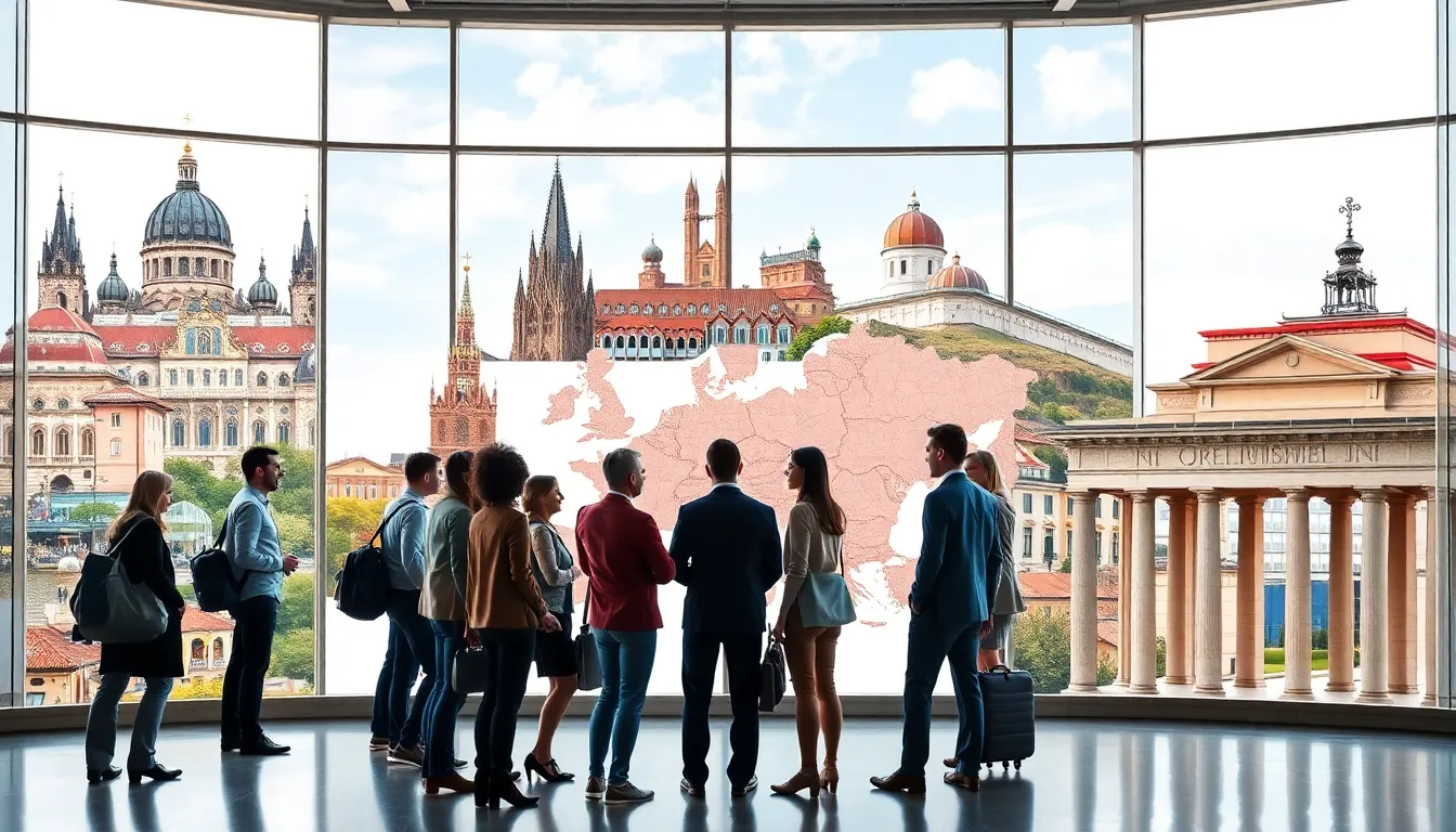diverse travelers discussing European city breaks in a modern office.