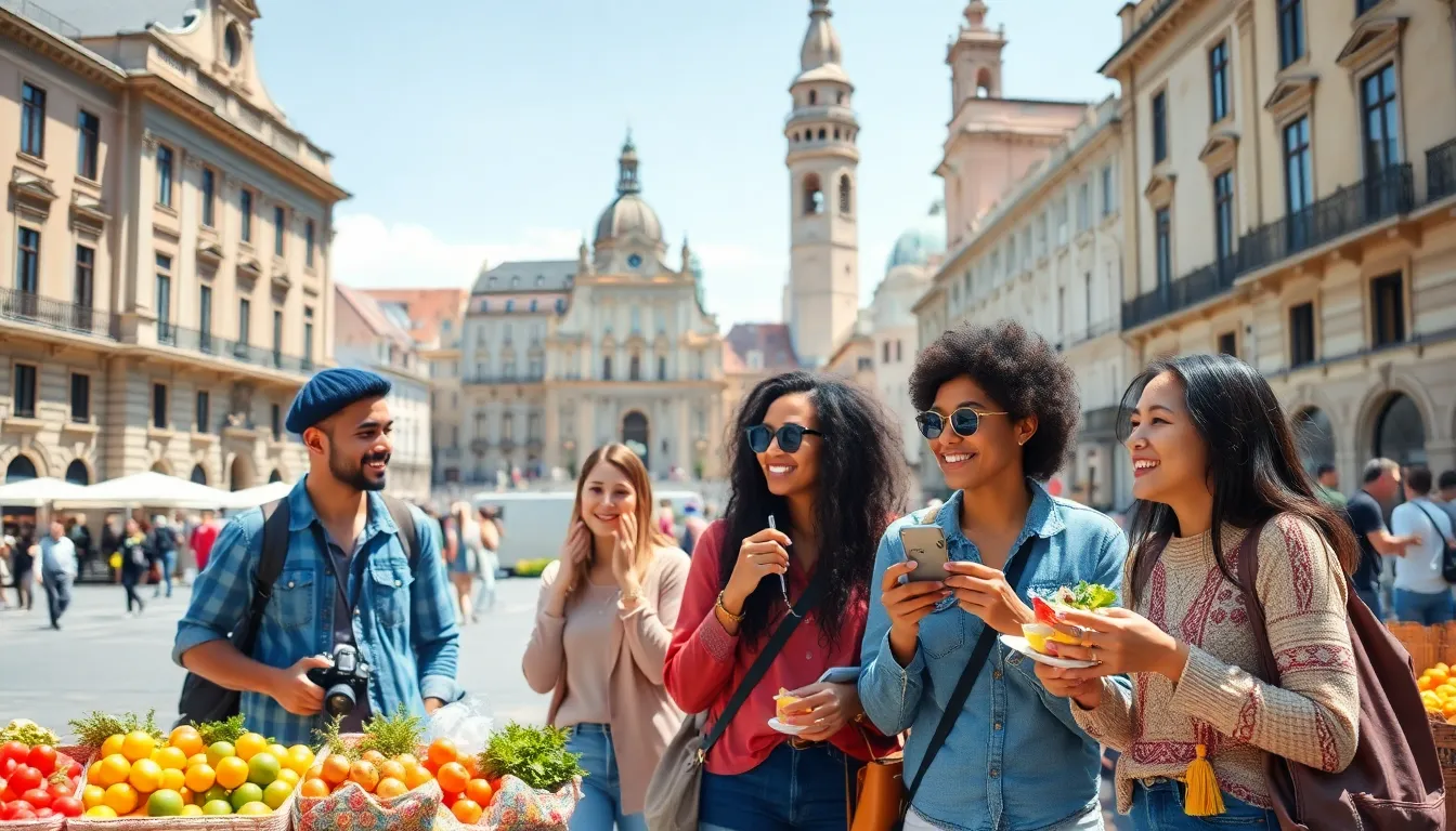 diverse travelers enjoying a city break in a European plaza.