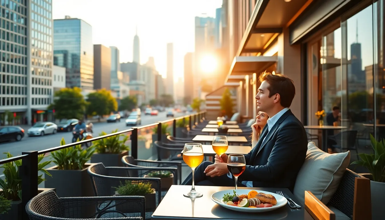 couple enjoying a luxury city break at an outdoor café.