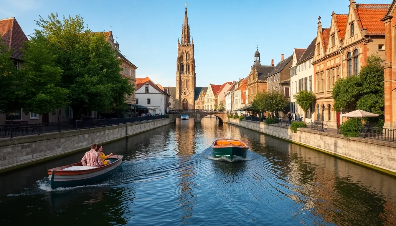 Scenic view of Bruges with canals and historic architecture.